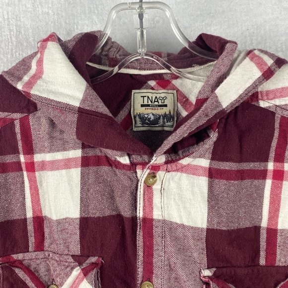 Aritzia TNA Hooded Shirt Boyfriend Fit Flannel Plaid‎ Button Up Red White - Picture 4 of 15